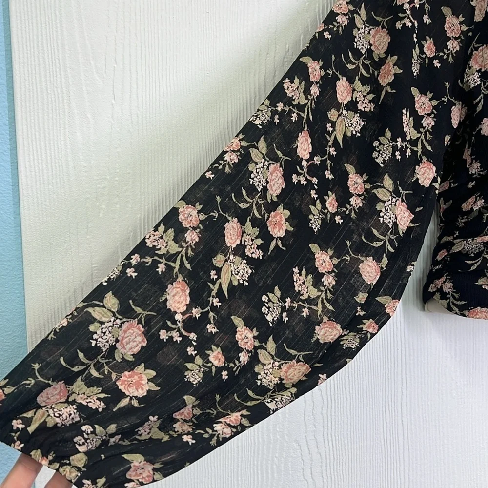 Free People - Final Rose Black Ruched Smocked Long Sleeve Blouse Size Small
